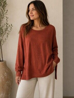 Cyrus Burnt Orange Tunic Sweater Large Lightweight Knit Side Slit